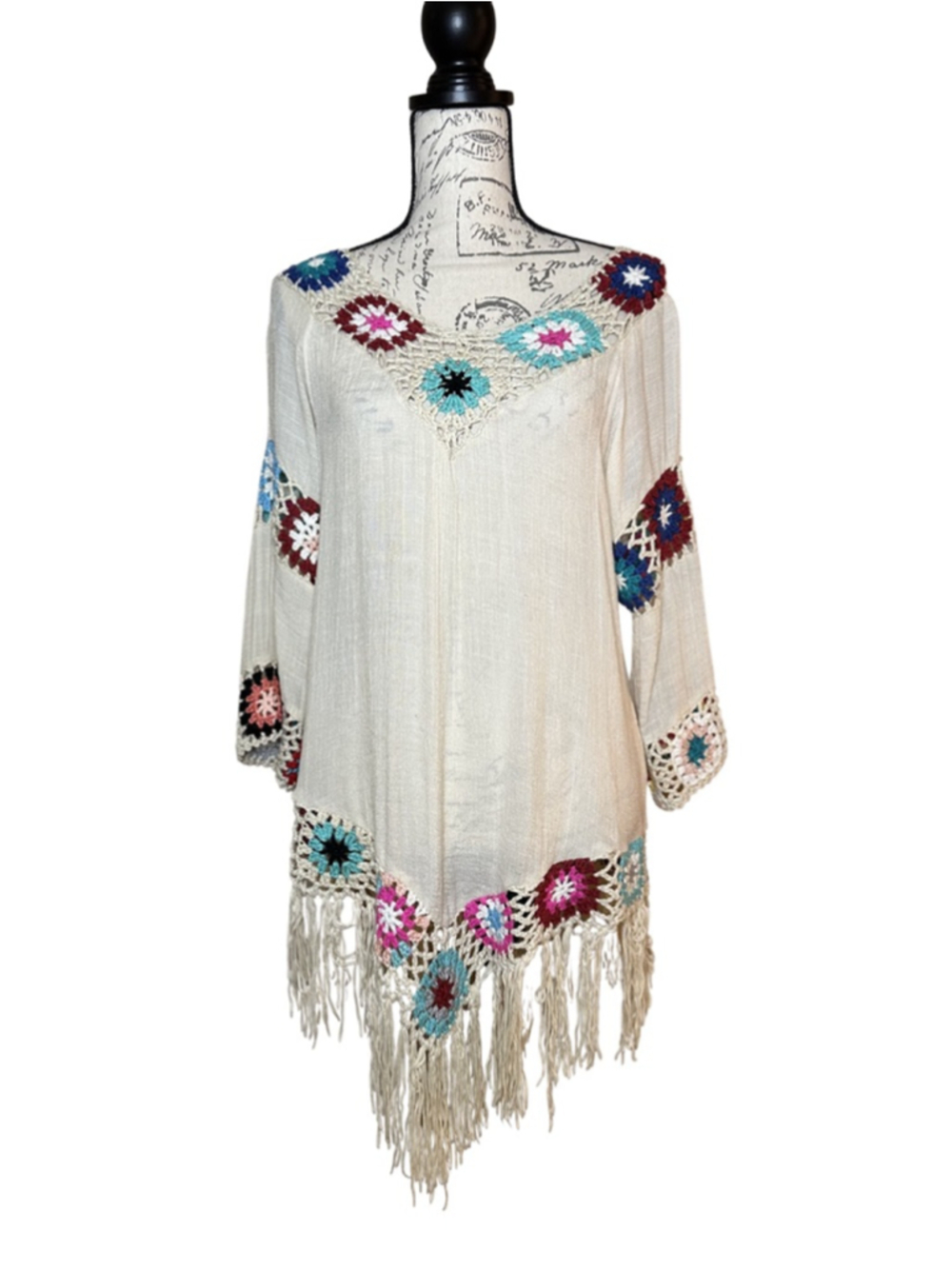 Asha One Size Gauze Blouse Granny Square with Fringe Bohemian Style Semi Sheer
